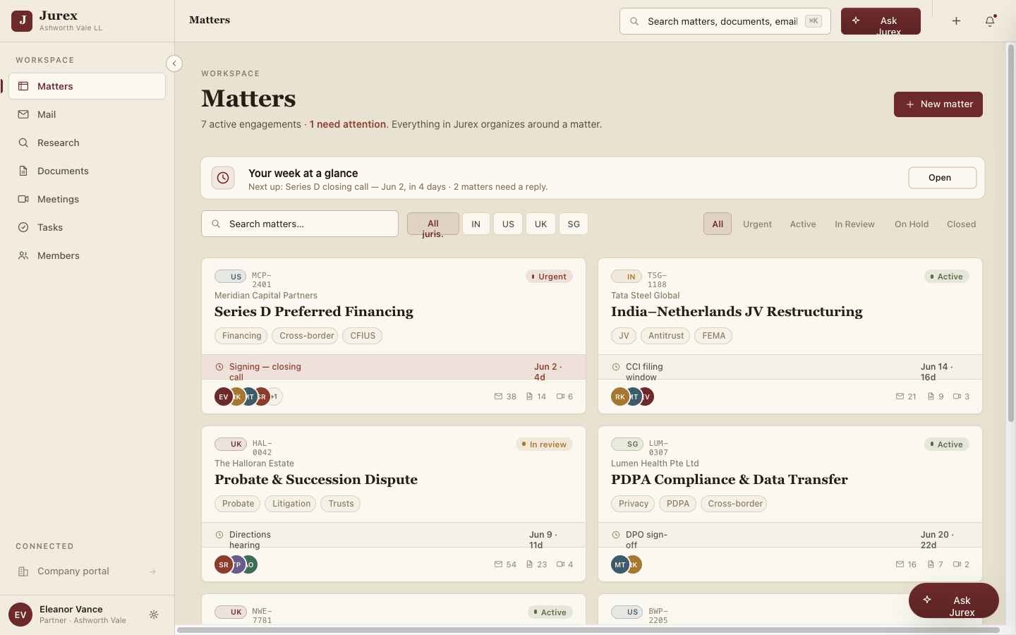 Jurex matters workspace