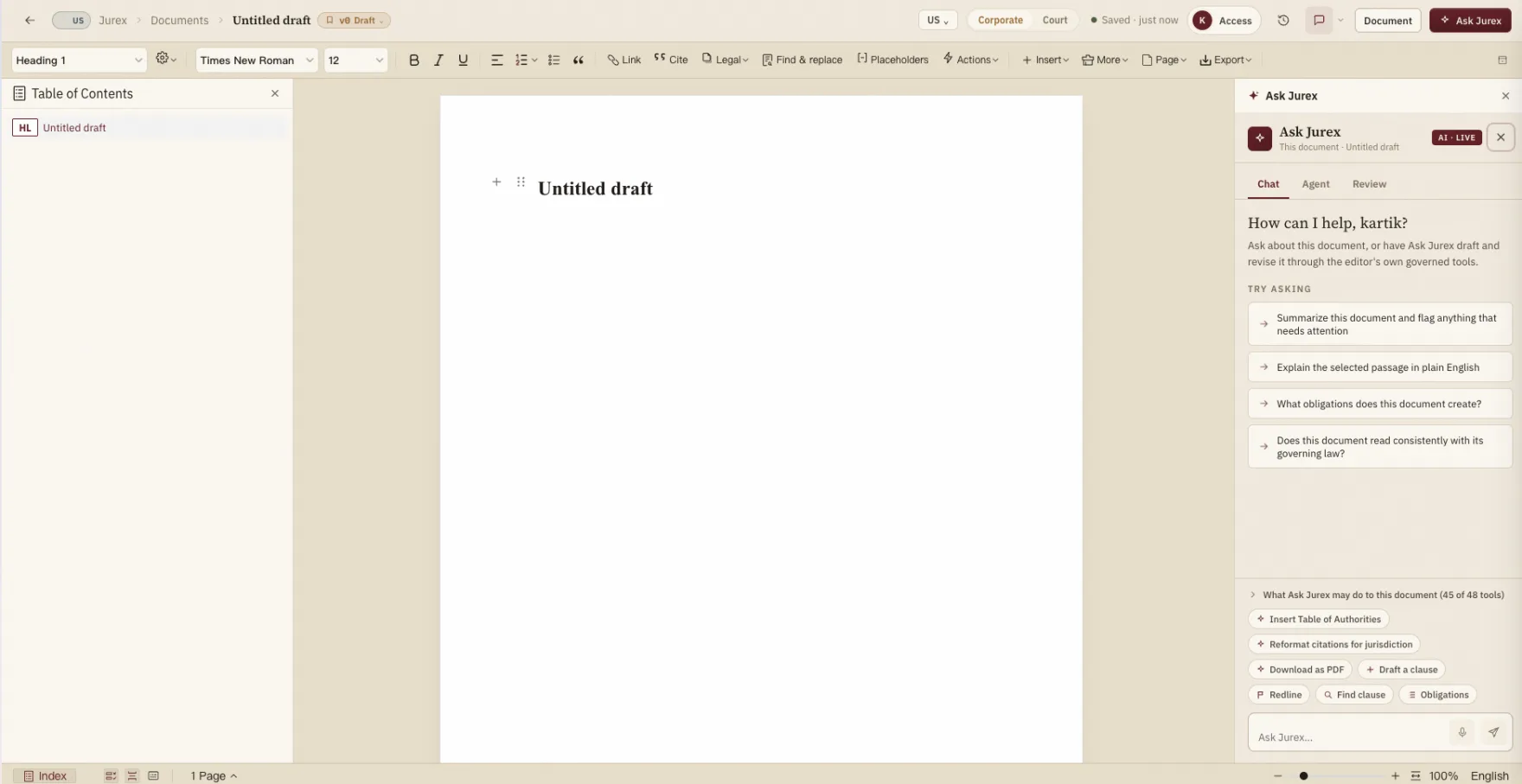 The Jurex document editor with Ask Jurex open and 45 of 48 document tools