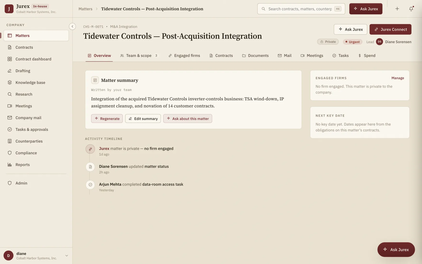 A matter workspace with engaged-firms panel and a Jurex Connect button